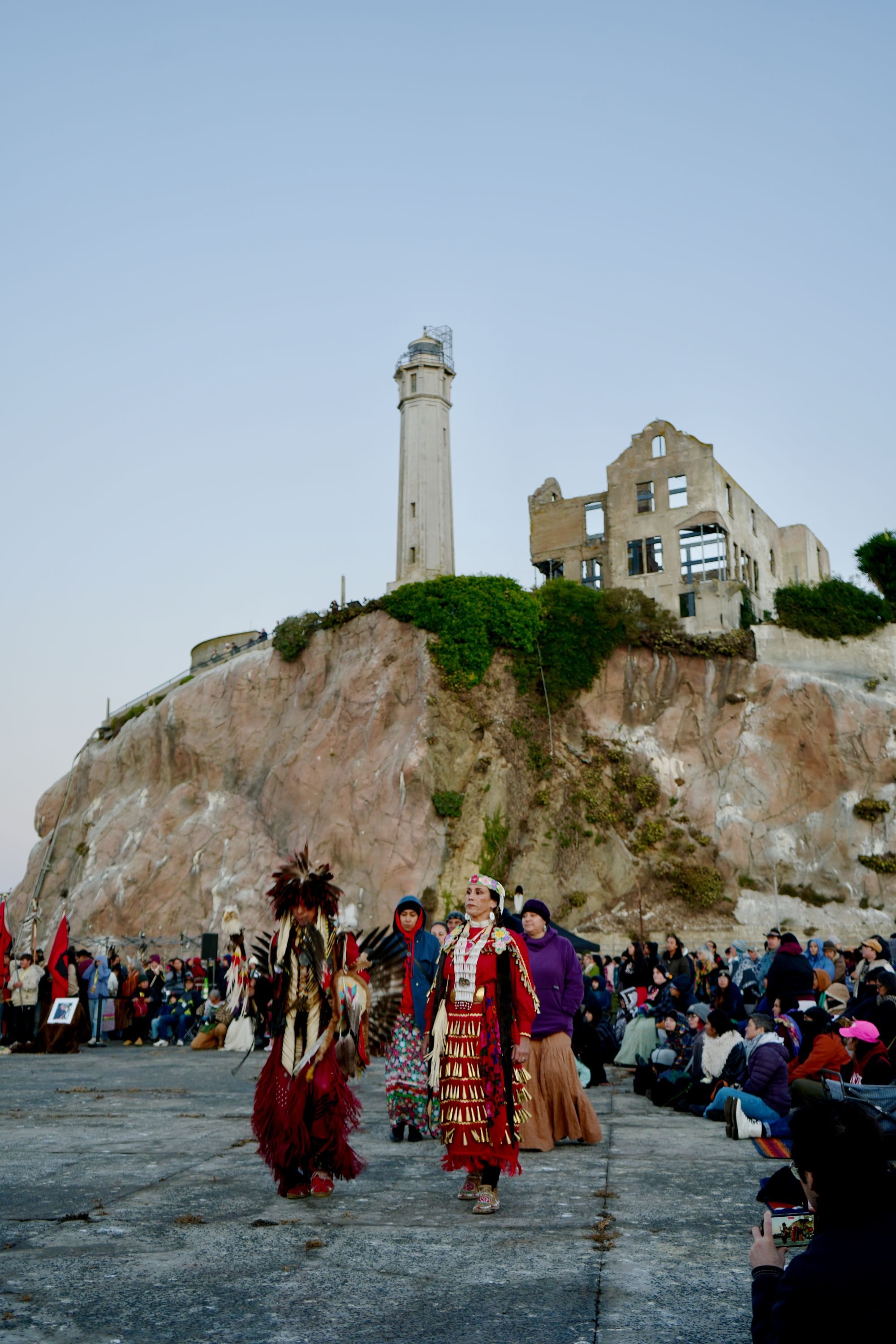 A moment from the Indigenous Peoples' Day Sunrise Gathering on Alcatraz Island.