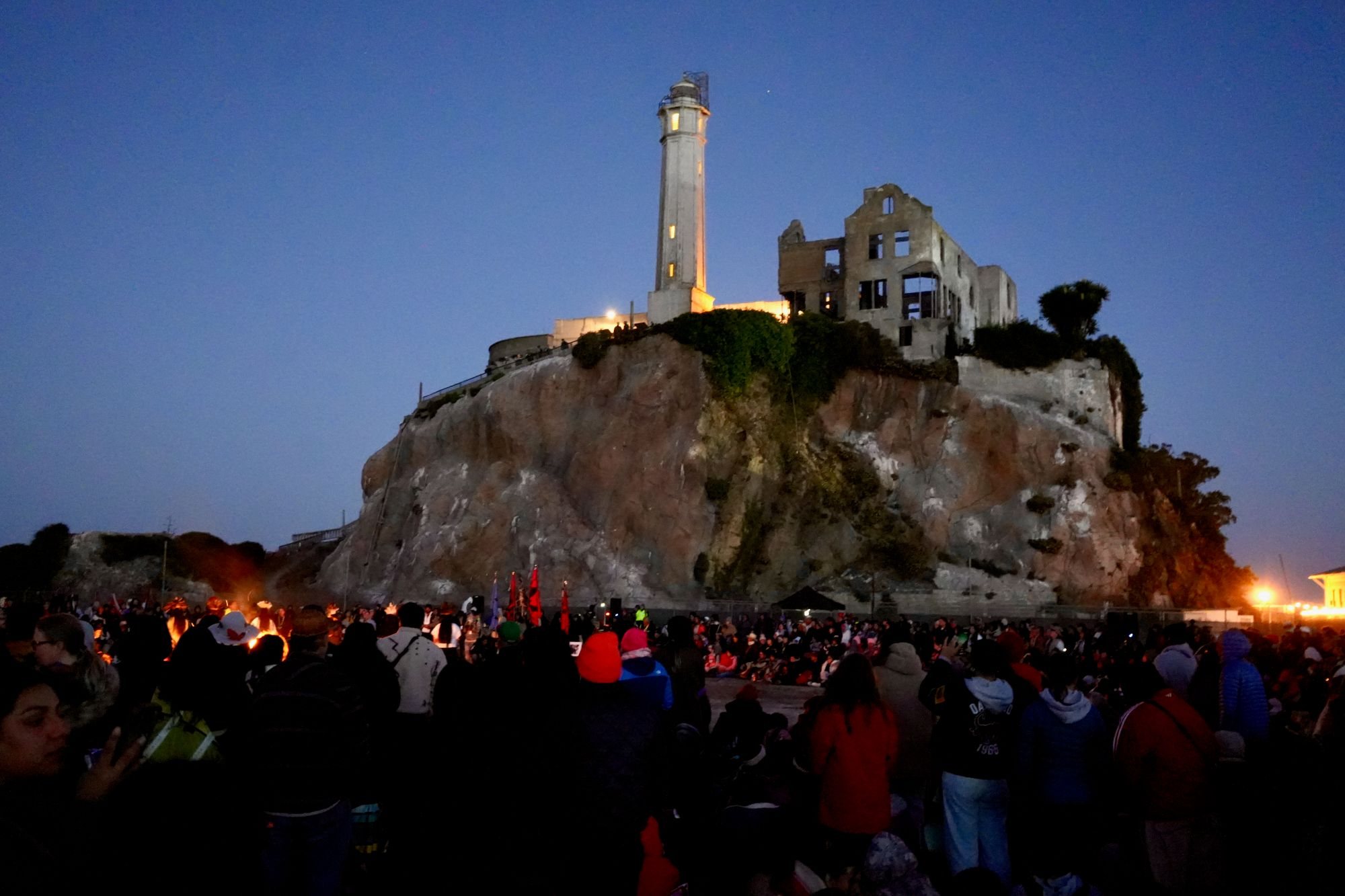 A moment from the Indigenous Peoples' Day Sunrise Gathering on Alcatraz Island.
