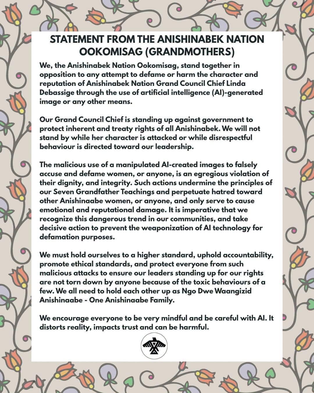 Statement from the Anishinabek Nation Ookomisag (Grandmothers), framed by a floral border with the Anishinabek Nation emblem. The full text appears in the story.