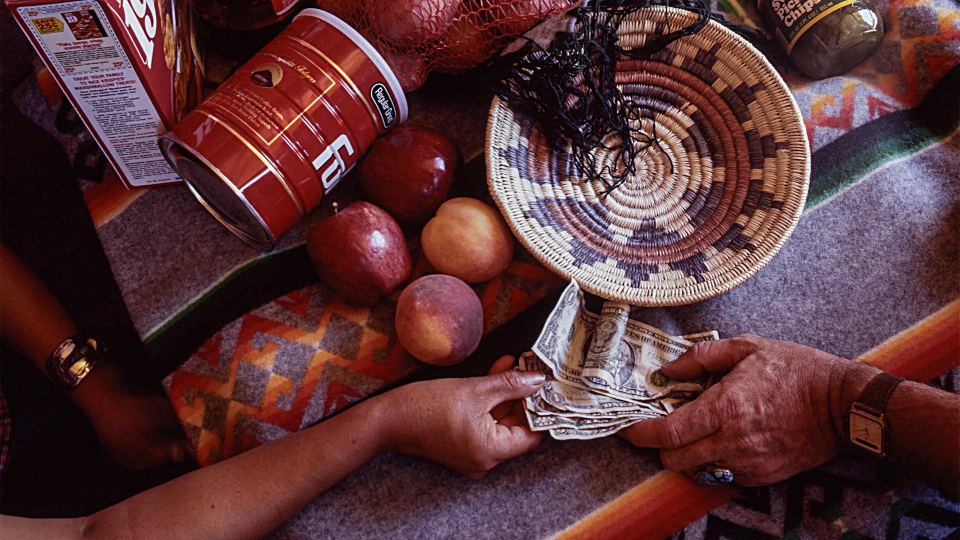 Traded goods and cash laid out at Salina Springs Trading Post in 1986.
