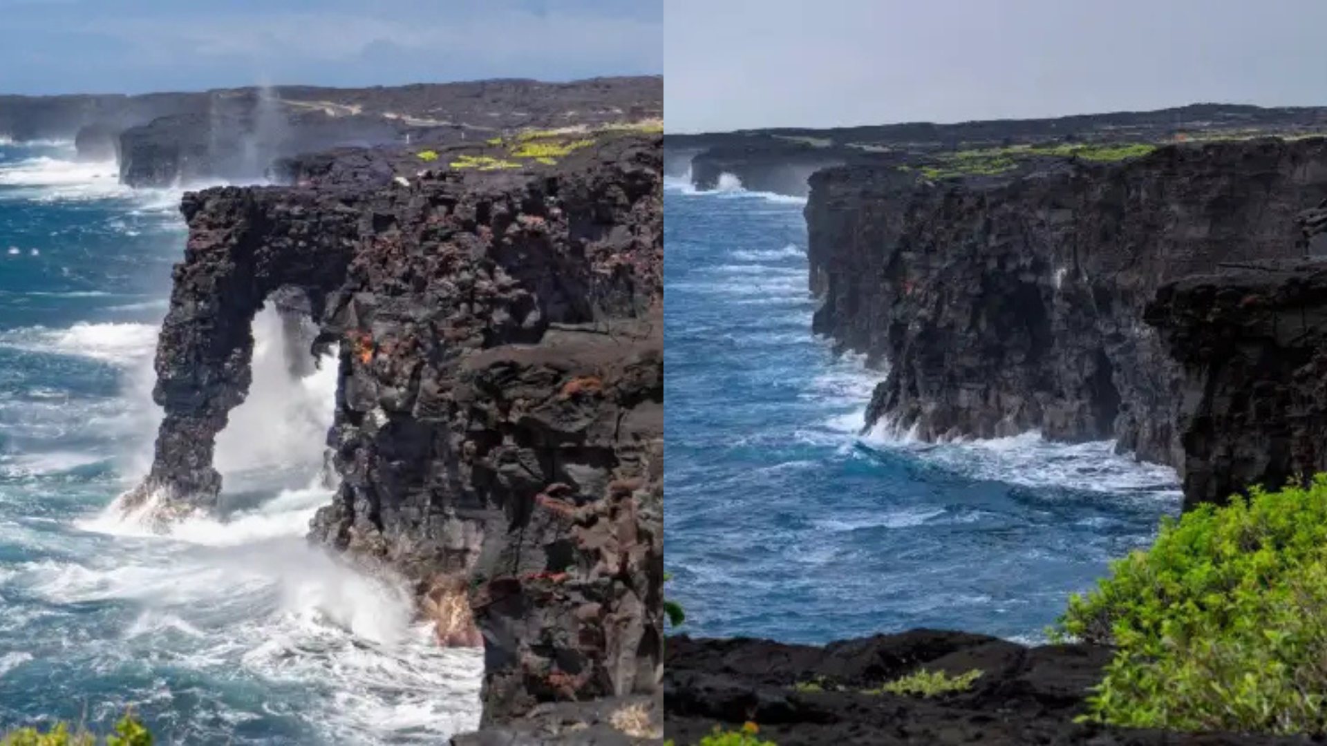 Two views of the same sea cliff at Hawaiʻi Volcanoes National Park: the Hōlei Sea Arch standing in 2022, and the coastline without it on September 30, 2026.