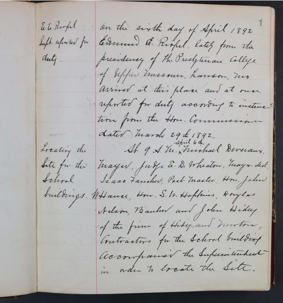A handwritten page from the Mount Pleasant Indian School superintendent's diary.