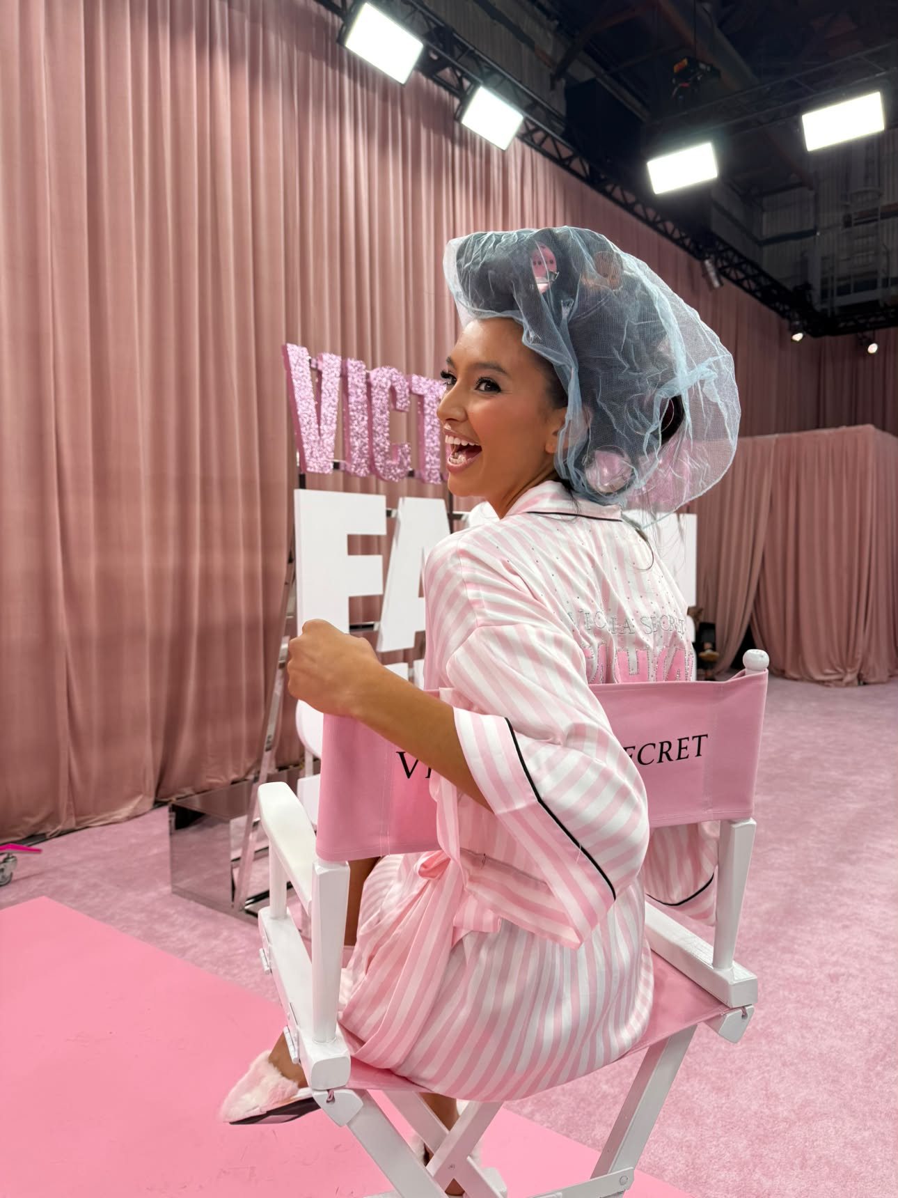 Nanabah Grace smiles behind the scenes at the Victoria's Secret Fashion Show.