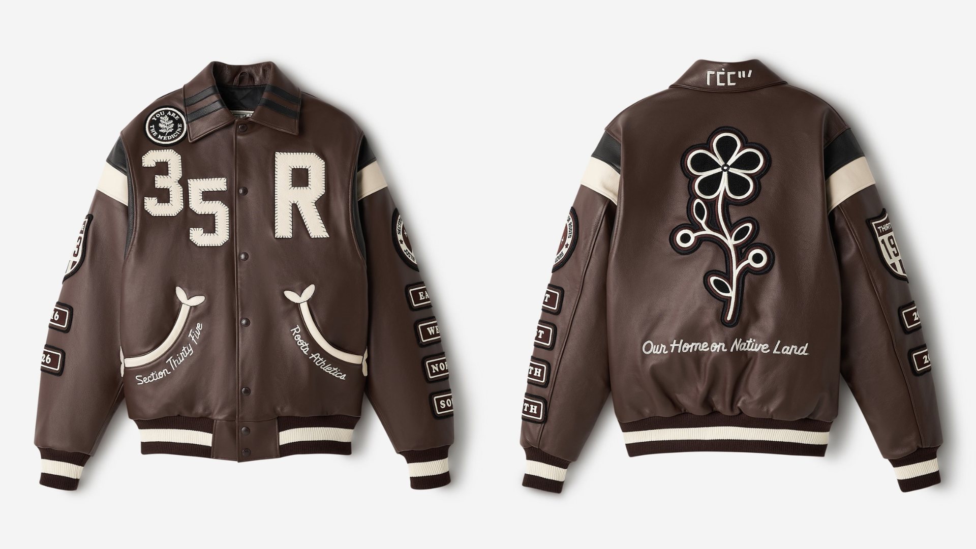 The Roots X SECTION 35 leather varsity jacket, with embroidered, chenille and appliqué details.