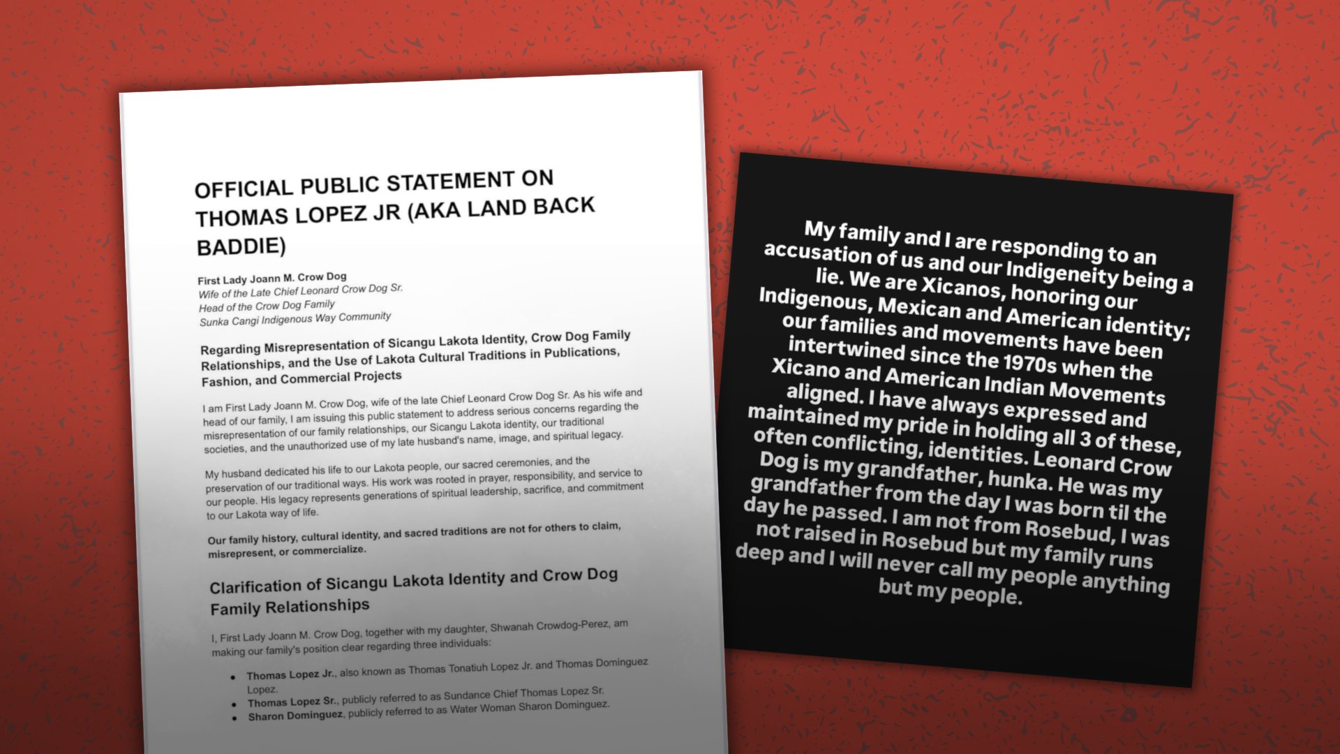 The first page of Joann M. Crow Dog’s statement beside the first slide of Thómas Lopez Jr.’s Instagram response.
